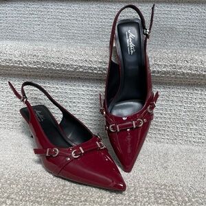 Montini Burgundy Patent Slingback Silver Hardware Buckles Kitten Heels